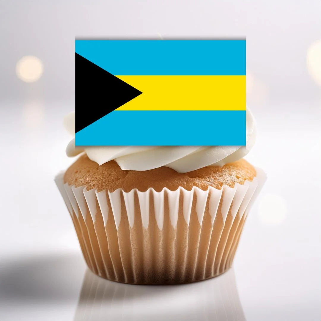 Bahamas Flag Edible Cupcake Toppers on white frosted cupcakes