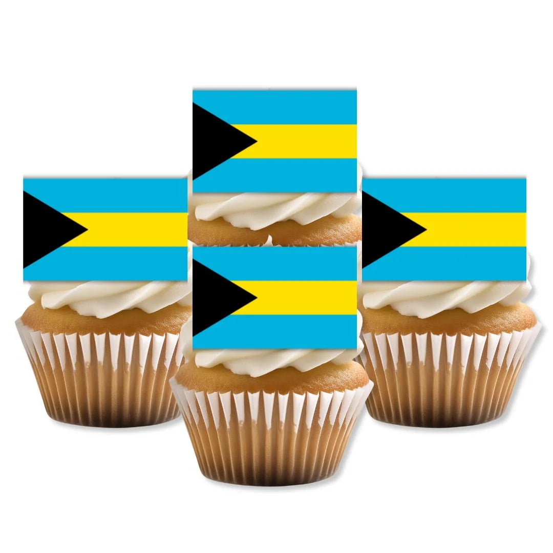 Bahamas Flag Edible Cupcake Toppers on white frosted cupcakes