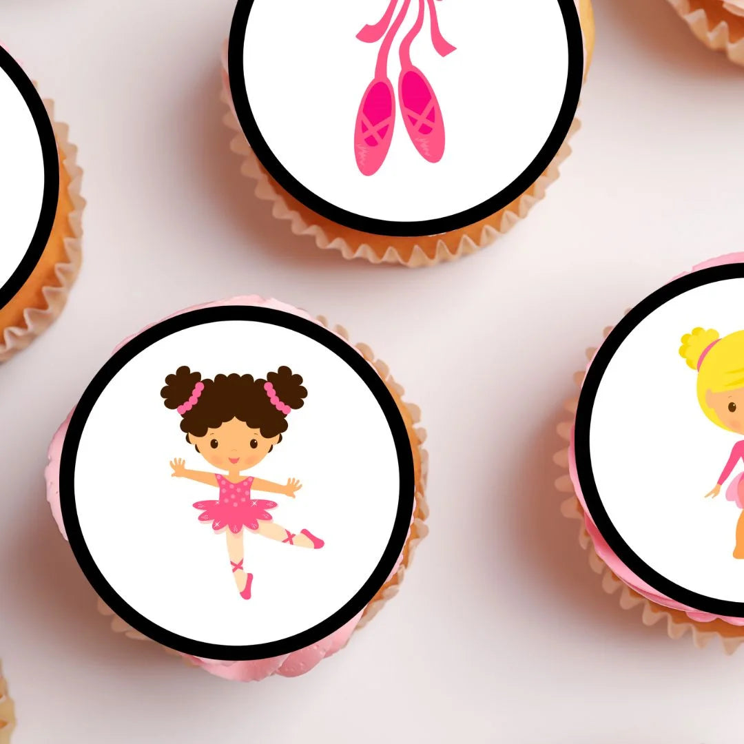 Ballerina Theme Edible Cupcake Toppers on cupcakes with white frosting