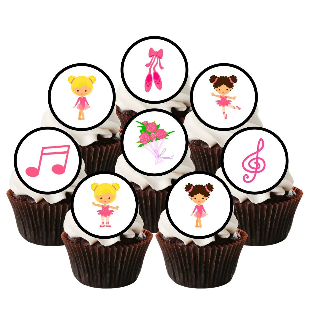 Ballerina Theme Edible Cupcake Toppers on cupcakes with white frosting