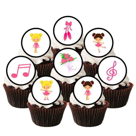 Ballerina Theme Edible Cupcake Toppers on cupcakes with white frosting