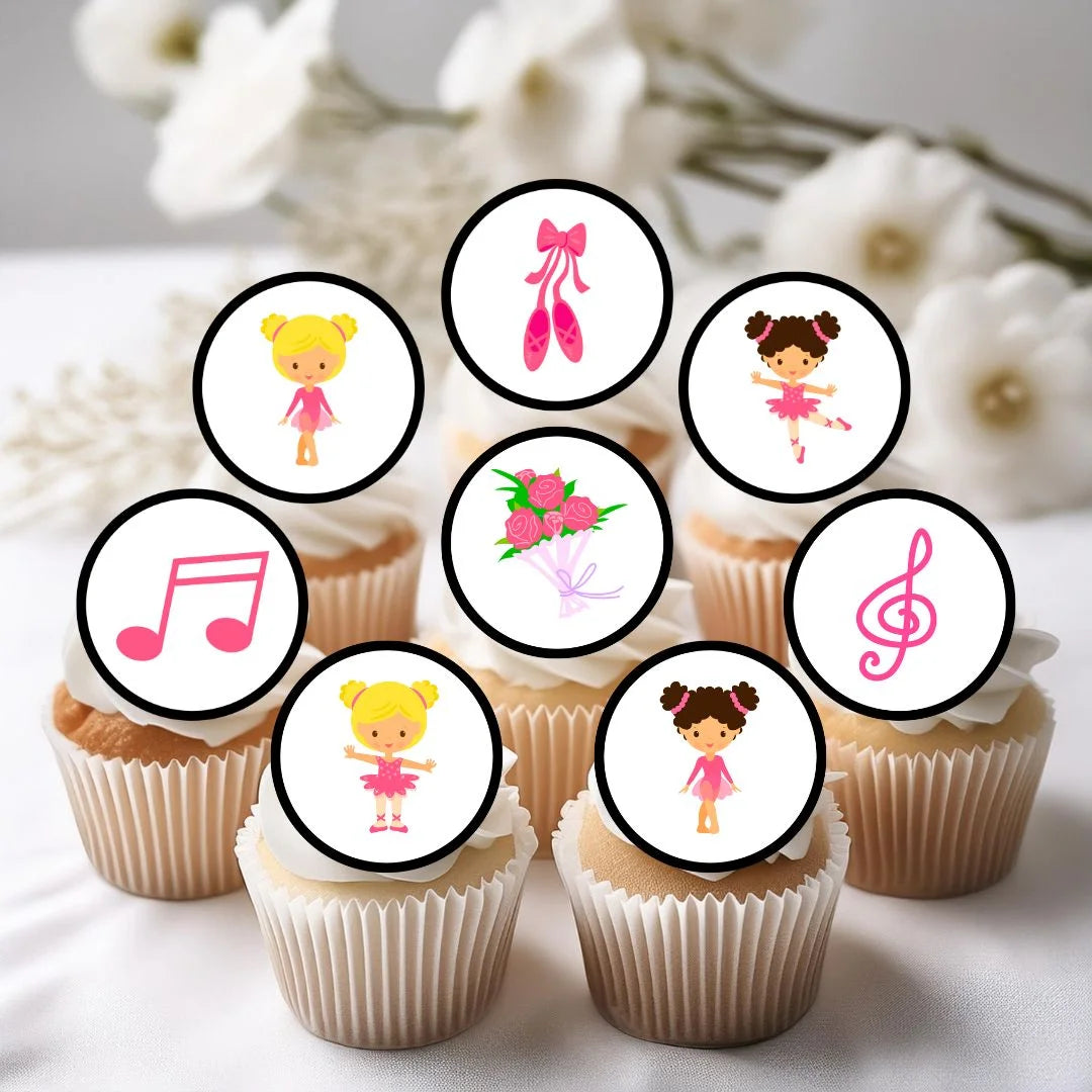 Ballerina Theme Edible Cupcake Toppers on cupcakes with white frosting