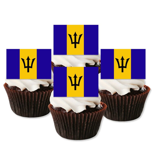 Barbados Flag Edible Cupcake Toppers on chocolate cupcakes with white frosting