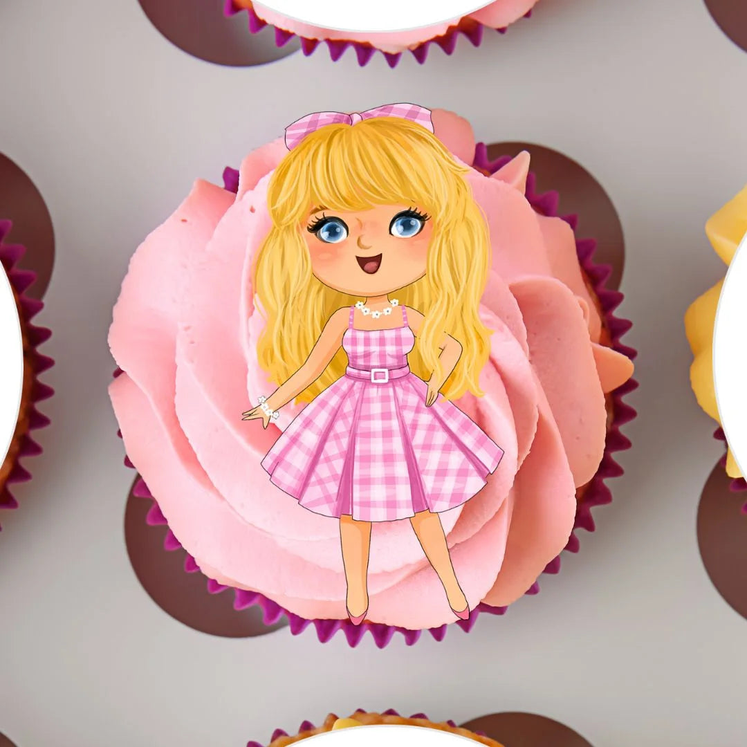 Barbie Theme Edible Cupcake Toppers on cupcakes with pink frosting