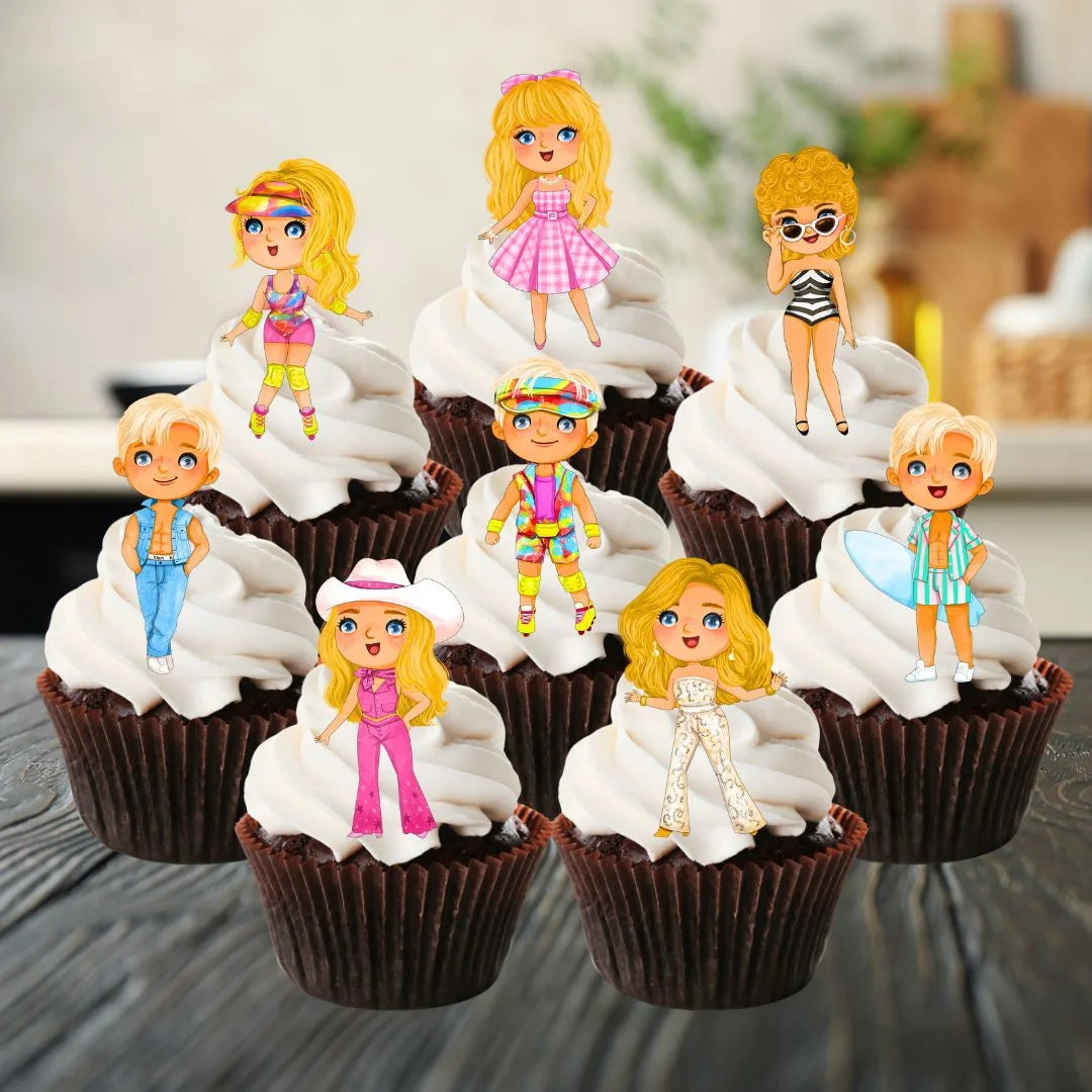 Barbie Theme Edible Cupcake Toppers on chocolate cupcakes with white frosting