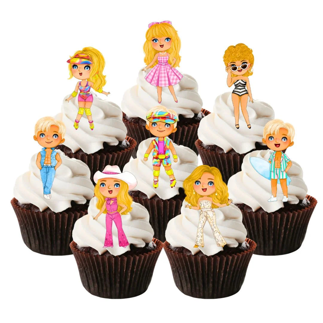 Barbie Theme Edible Cupcake Toppers on chocolate cupcakes with white frosting