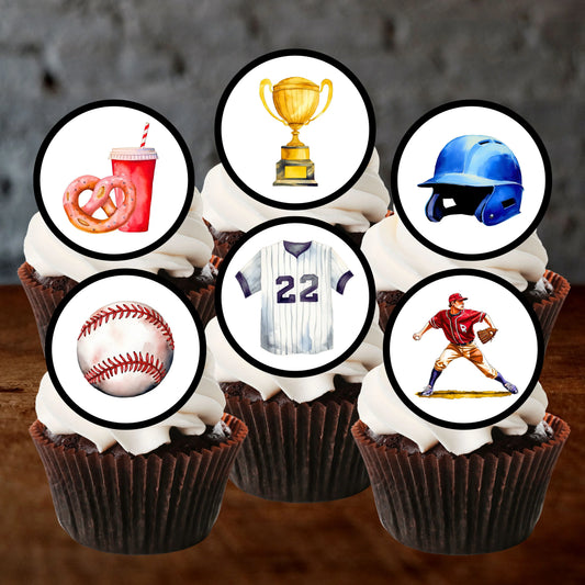 Baseball Edible Cupcake Toppers on chocolate cupcakes with white frosting