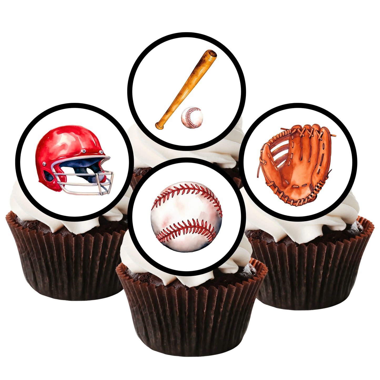 Baseball Party Edible Cupcake Toppers on chocolate cupcakes with white frosting