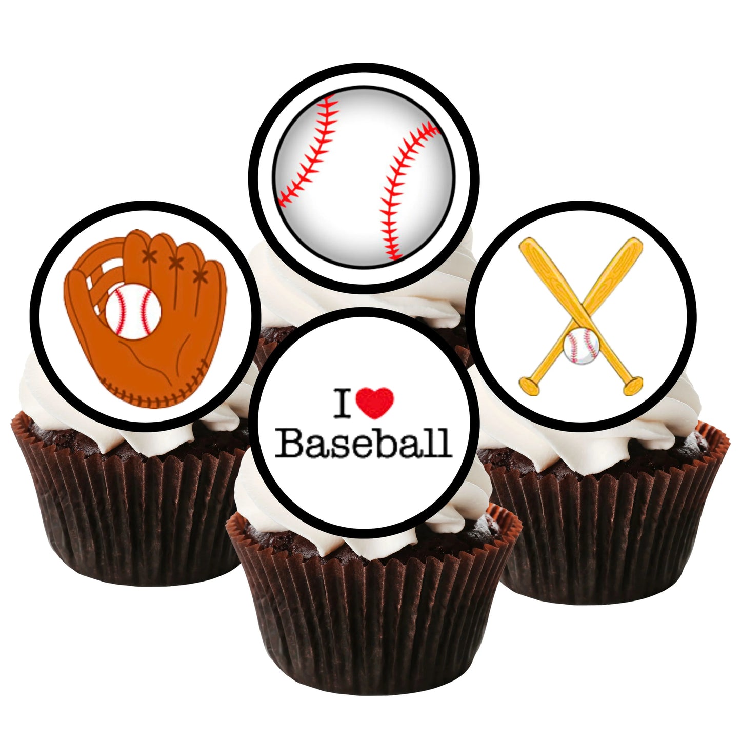 Baseball Theme Edible Cupcake Toppers on chocolate cupcakes with white frosting