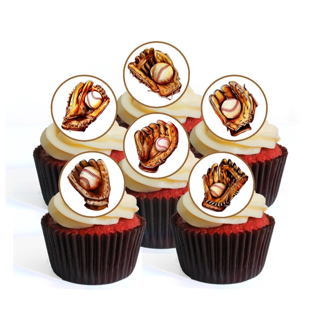 baseball mitt edible cupcake toppers on red velvet frosted cupcakes