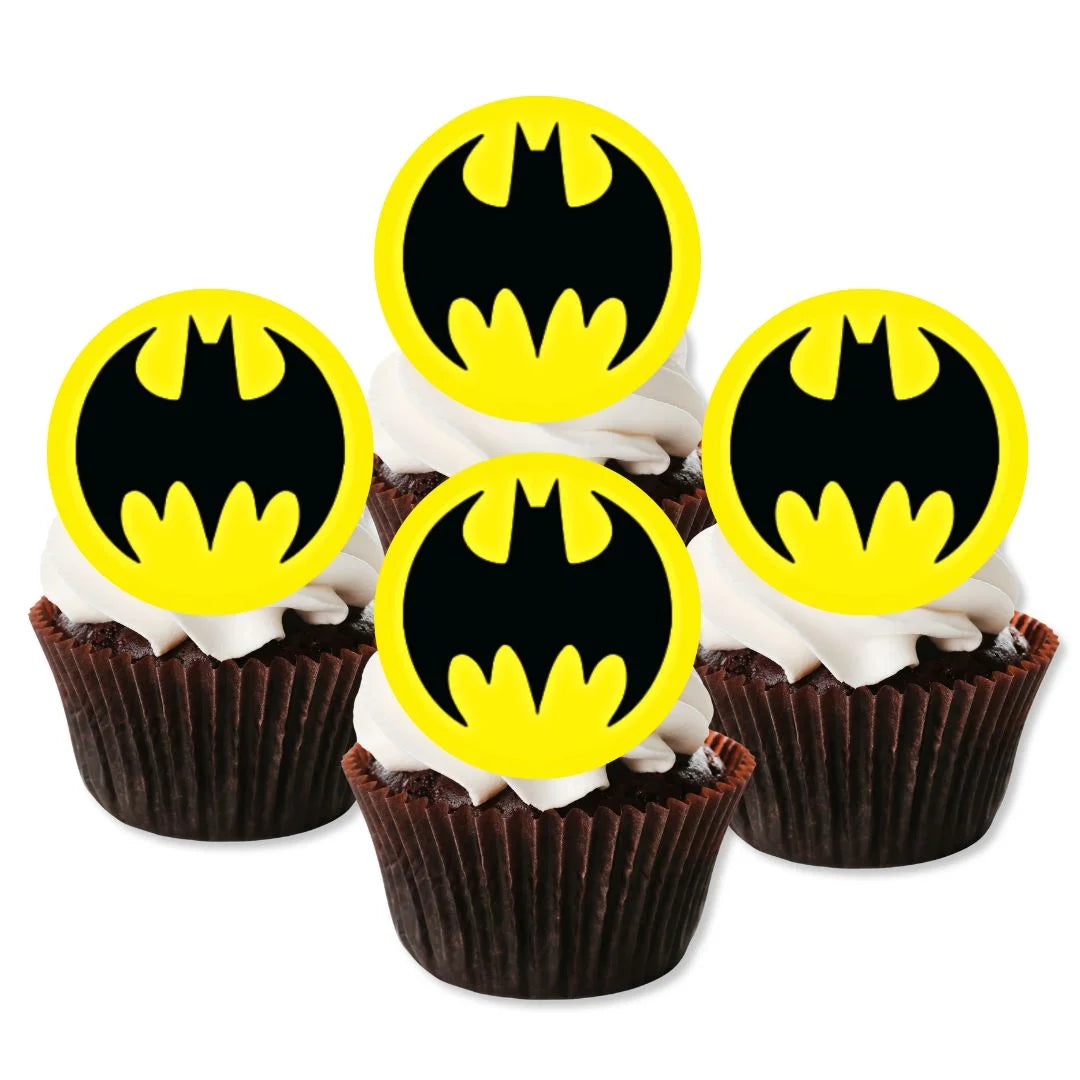 Batman Themed Edible Cupcake Toppers on chocolate cupcakes with white frosting