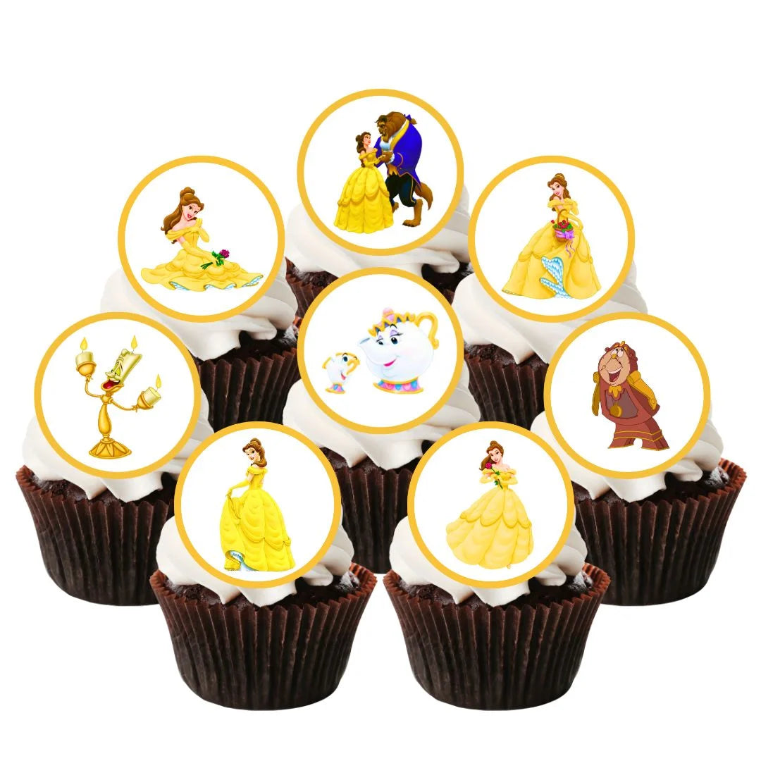 Beauty & The Beast Edible Cupcake Toppers on chocolate cupcakes with white frosting