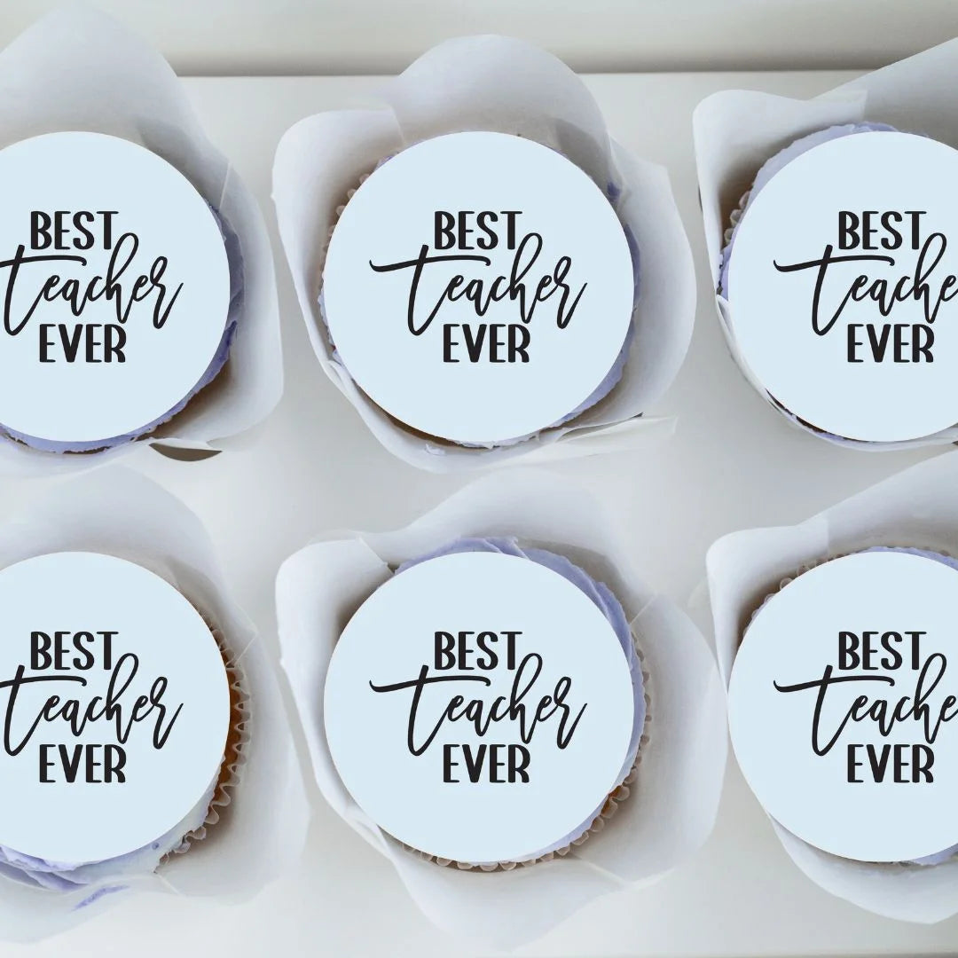 Best Teacher Ever Modern Cupcake Toppers on lilac frosted cupcakes