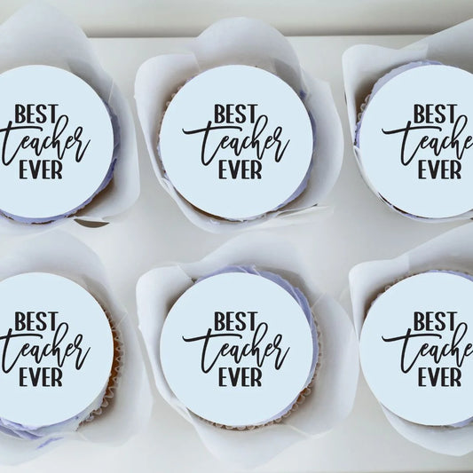 Best Teacher Ever Modern Cupcake Toppers on lilac frosted cupcakes