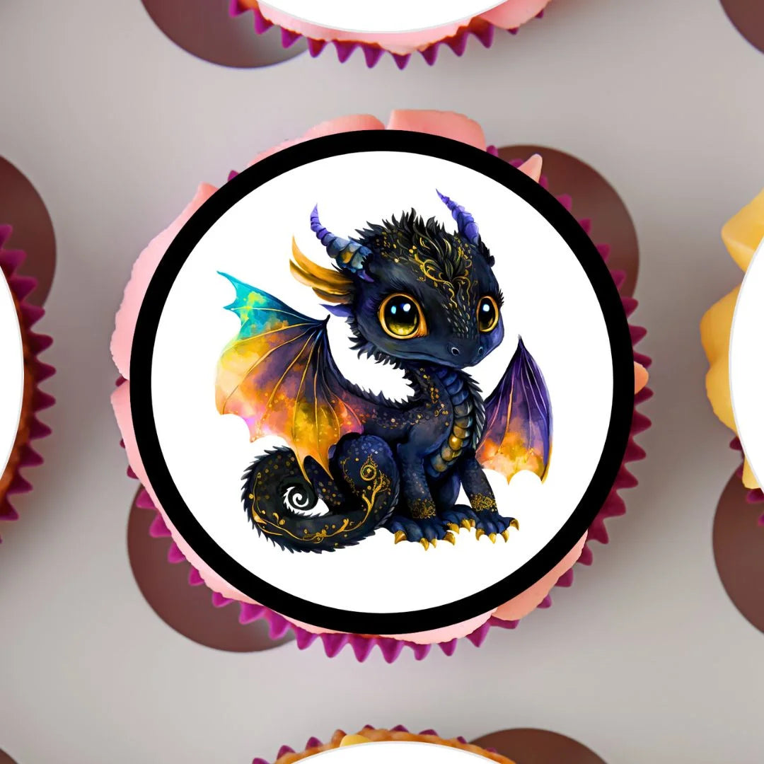 close up of a cute black dragon cake topper on a frosted cupcake