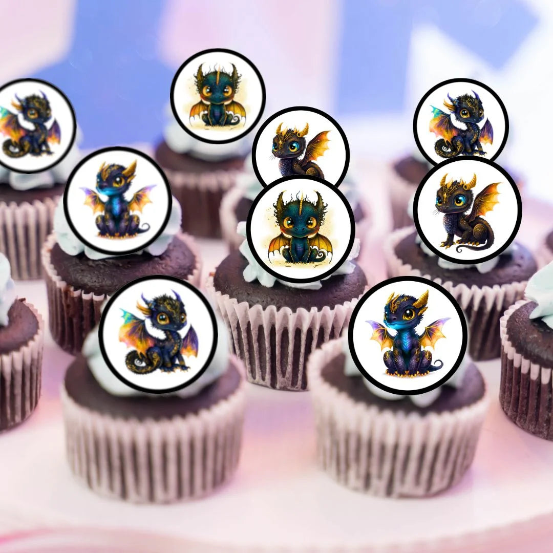 cute black dragon cake toppers on frosted cupcakes