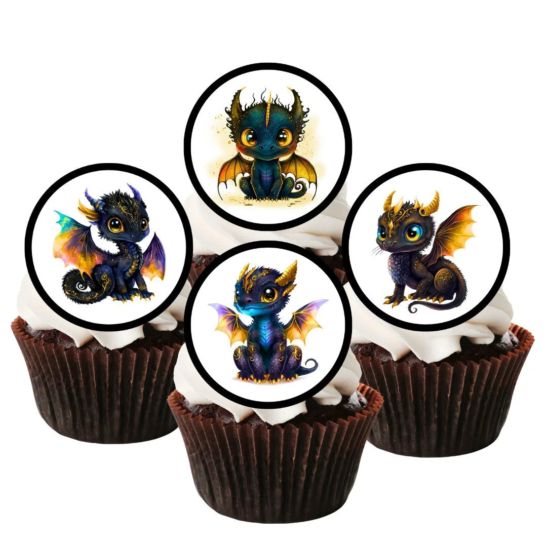 cute black dragon cake toppers on white frosted cupcakes