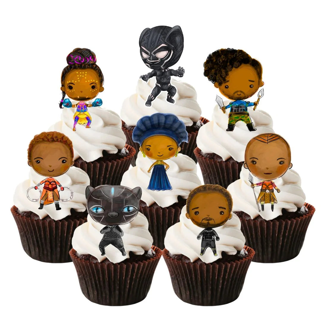 Superhero Black Panther Theme Edible Cupcake Toppers on chocolate cupcakes with white frosting