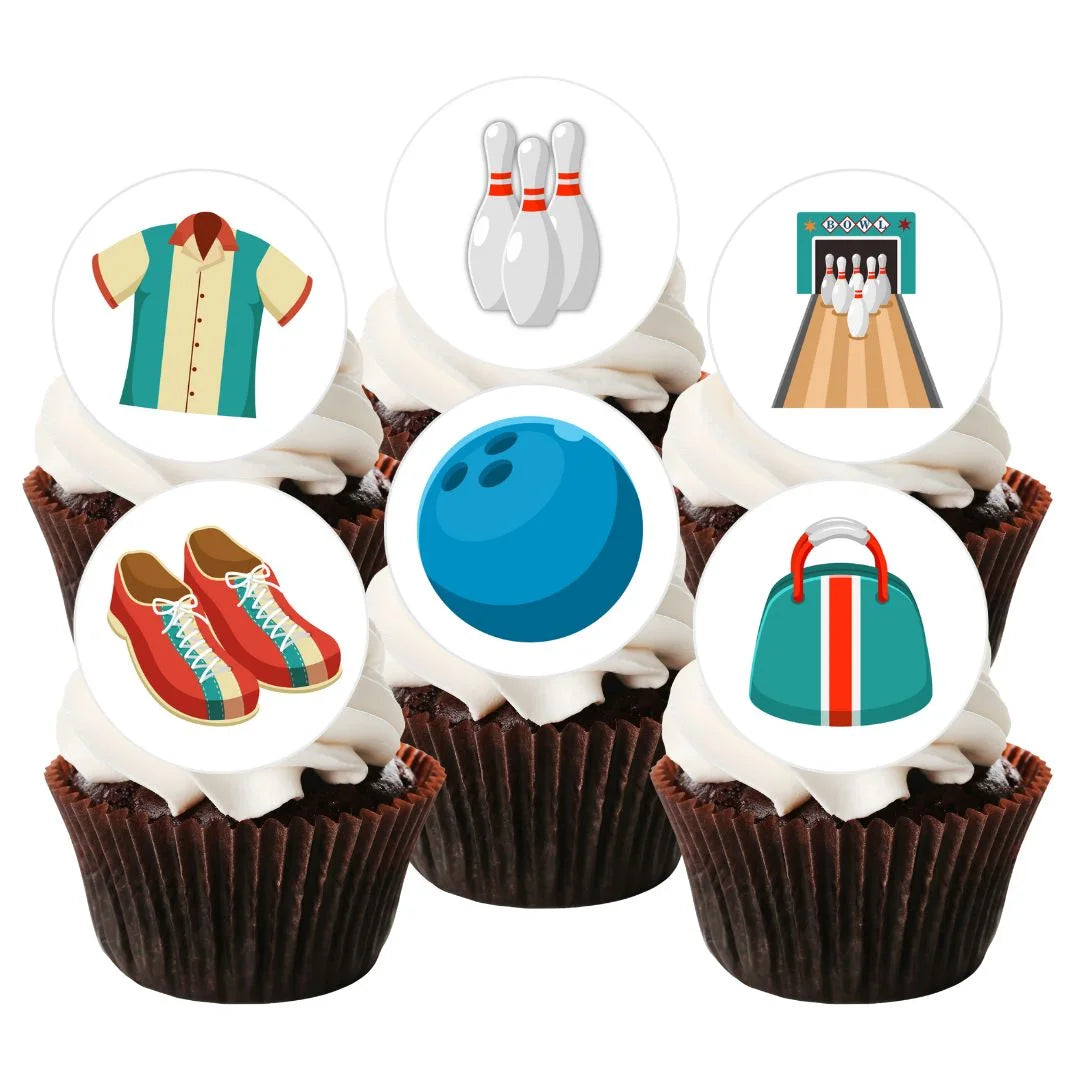 Bowling Theme Edible Cupcake Toppers on chocolate cupcakes with white frosting