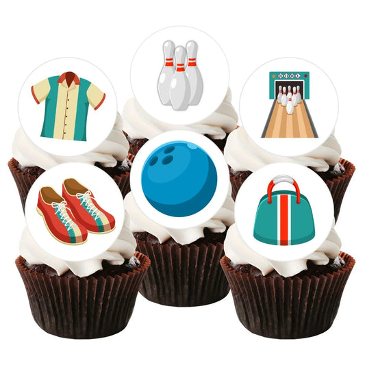 Bowling Theme Edible Cupcake Toppers on chocolate cupcakes with white frosting