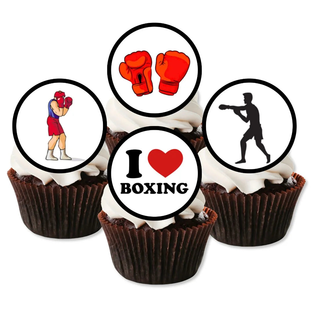Boxing Theme Cupcake Toppers  on chocolate cupcakes with white frosting