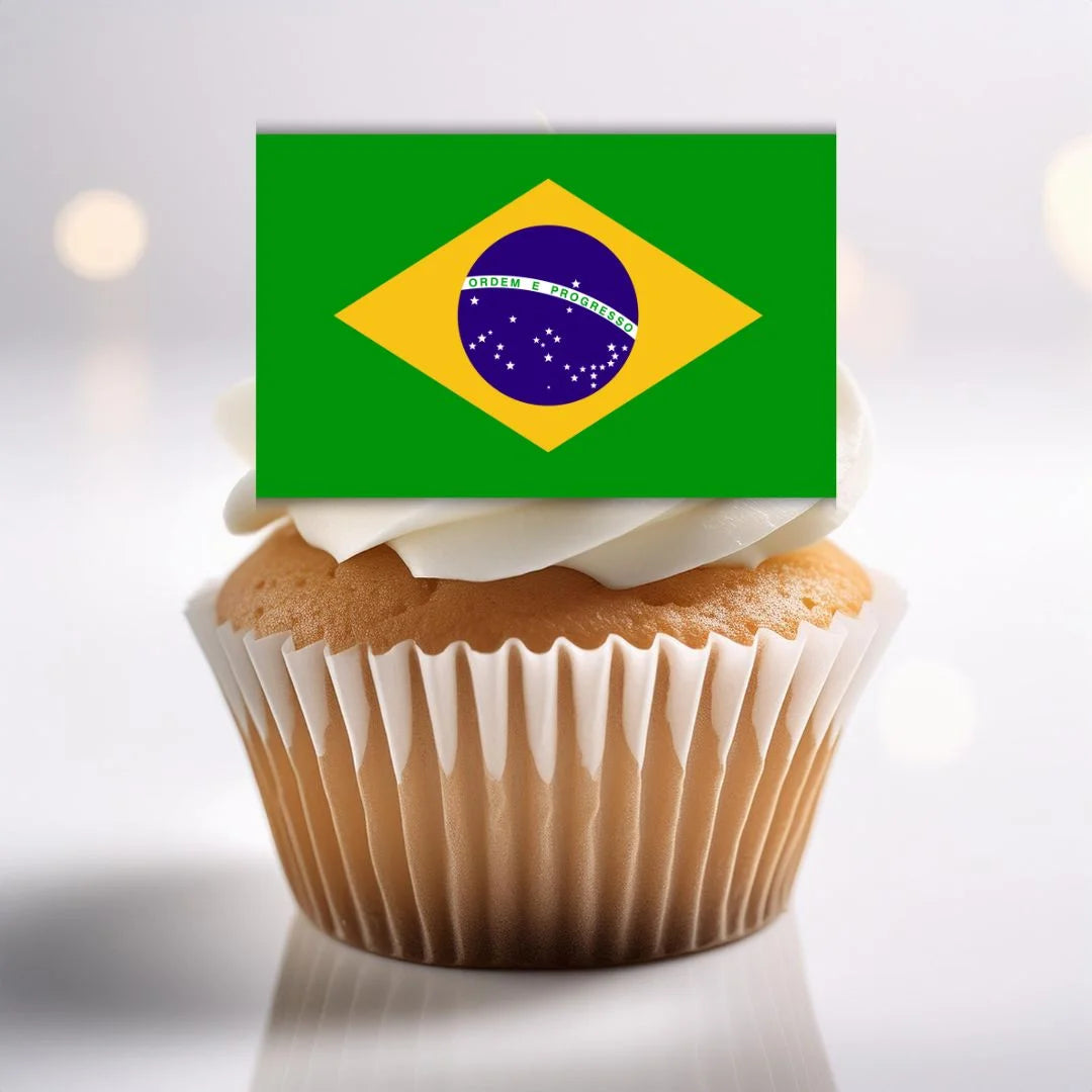 Brazil Flag Edible Cupcake Toppers on white frosted cupcakes