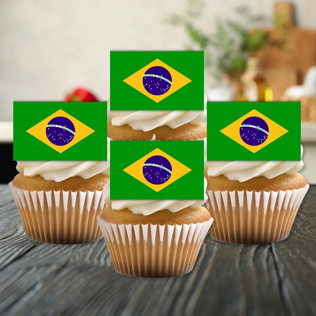 Brazil Flag Edible Cupcake Toppers on white frosted cupcakes