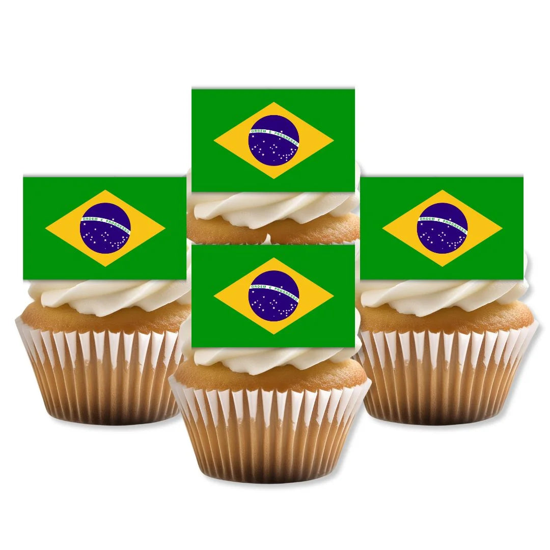Brazil Flag Edible Cupcake Toppers on white frosted cupcakes