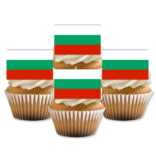Bulgaria Flag Edible Cupcake Toppers on white frosted cupcakes