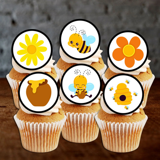 Bumble Bee Mix Edible Cupcake Toppers on white frosted cupcakes