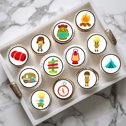 Camping Theme Edible Cupcake Toppers on chocolate cupcakes with white frosting