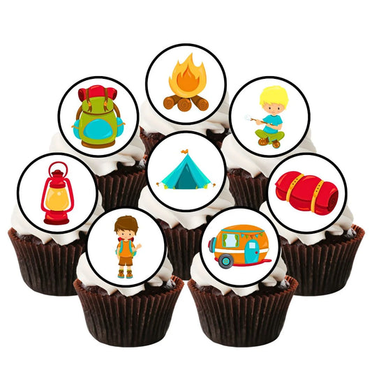 Camping Theme Edible Cupcake Toppers on chocolate cupcakes with white frosting