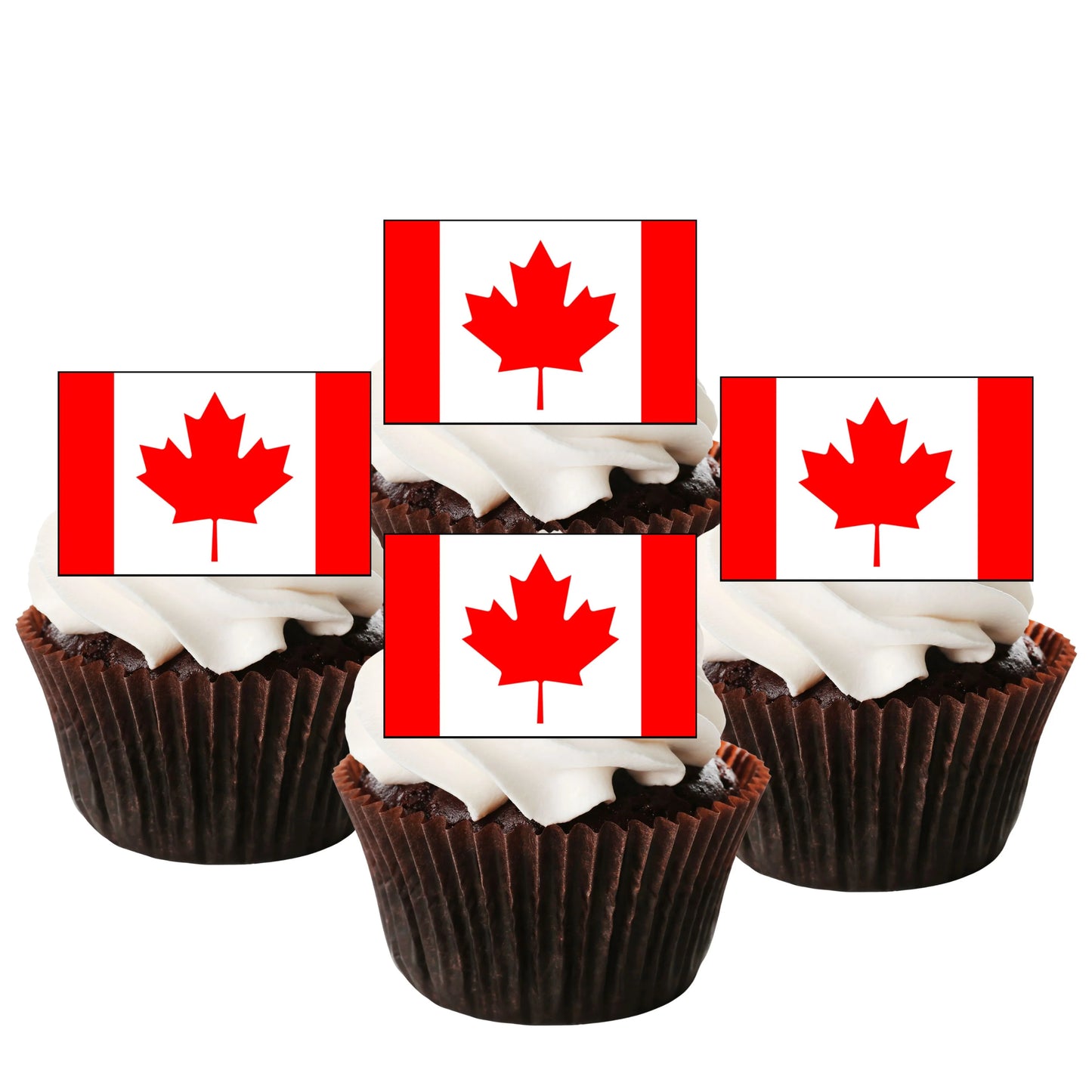 Canadian Flag Edible Cupcake Toppers on chocolate cupcakes with white frosting