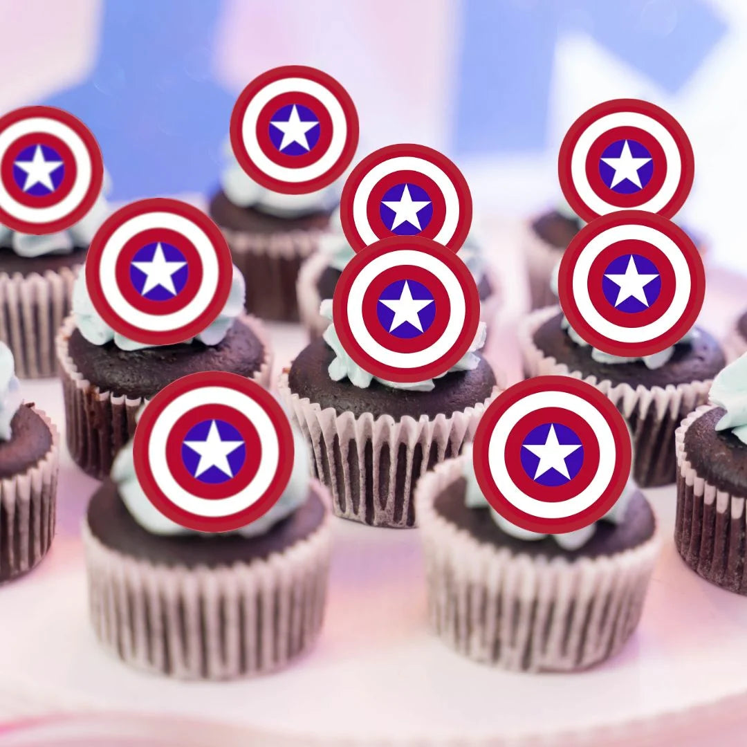 Captain America Themed Edible Cupcake Toppers on chocolate frosted cupcakes