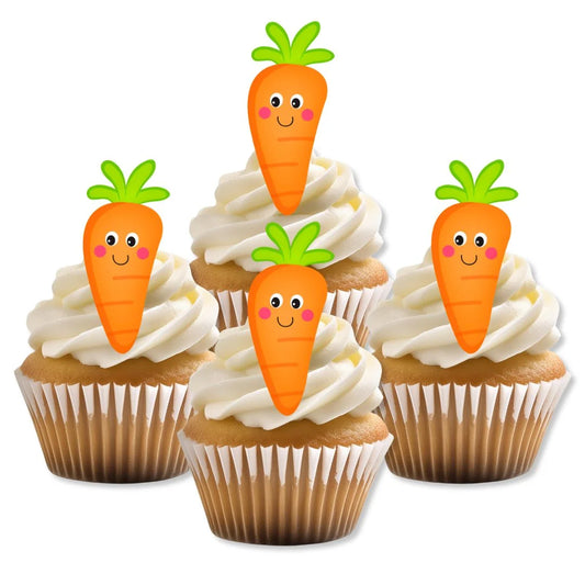 Carrots Edible Cupcake Toppers on white frosted cupcakes