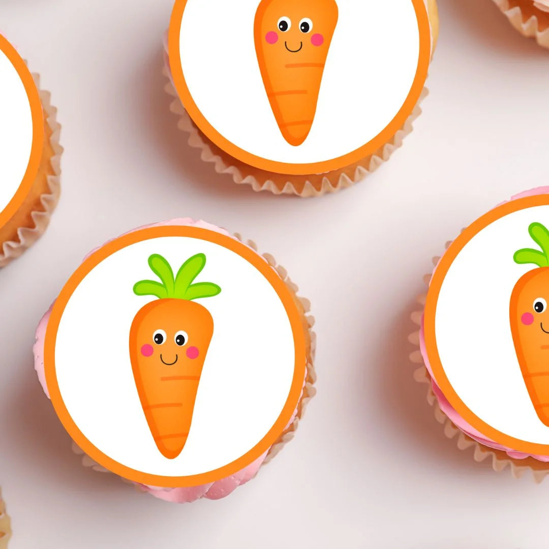 Carrots Round Edible Cupcake Toppers on chocolate cupcakes with white frosting