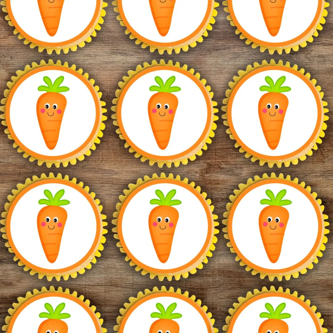 Carrots Round Edible Cupcake Toppers on cupcakes with white frosting