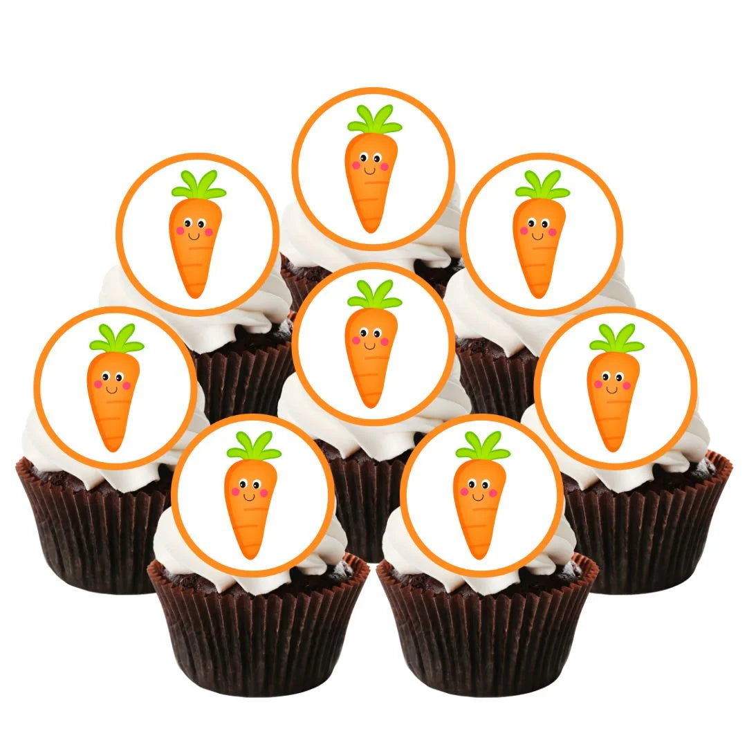 Carrots Round Edible Cupcake Toppers on chocolate cupcakes with white frosting