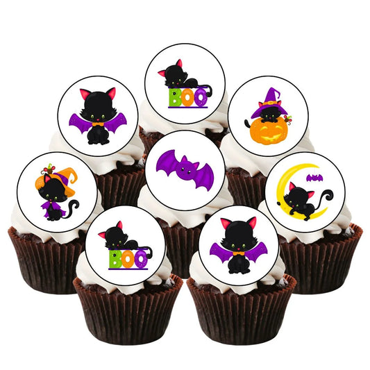 Halloween Cats Theme Edible Cupcake Toppers on white frosted cupcakes