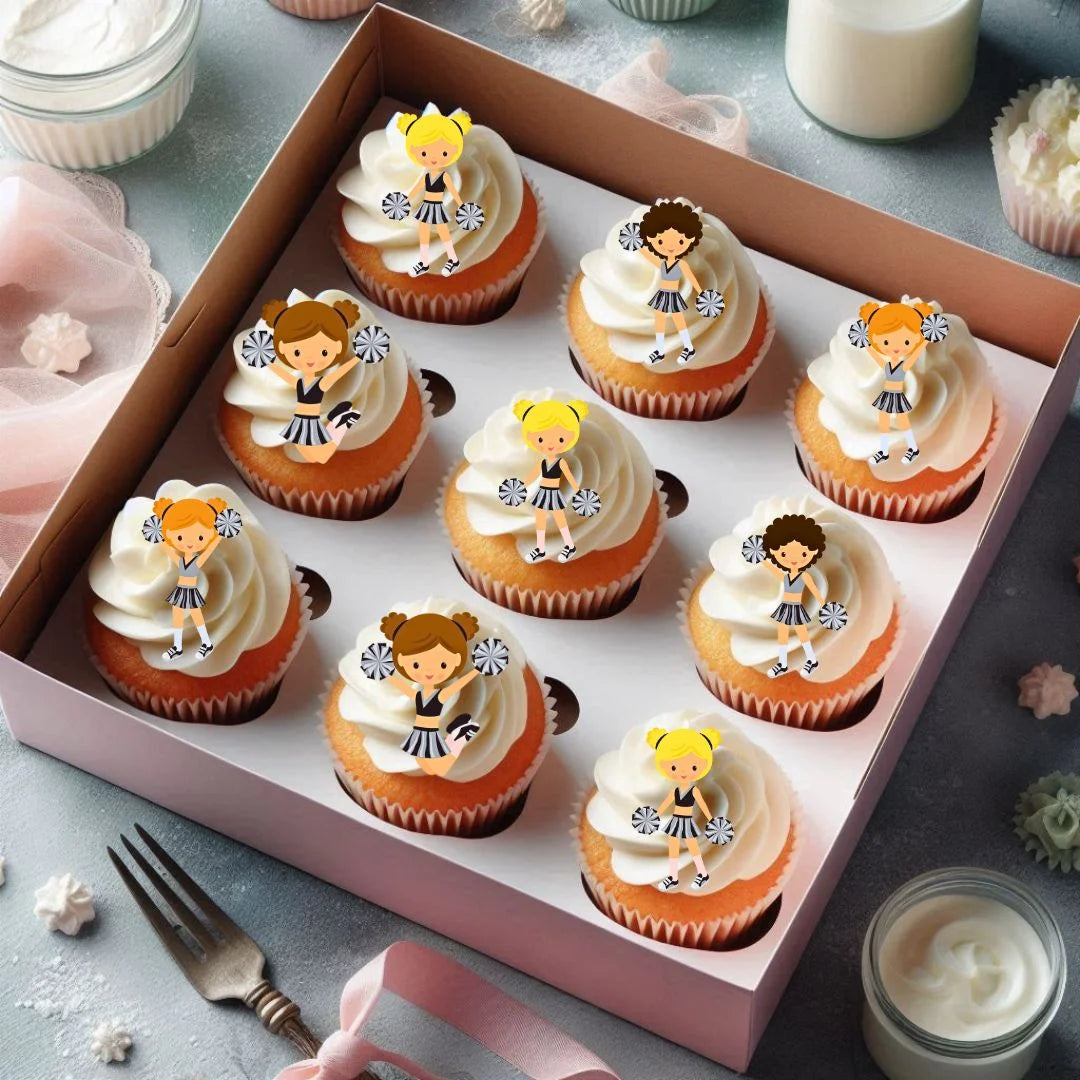 Cheer Theme Edible Cupcake Toppers on chocolate cupcakes with white frosting