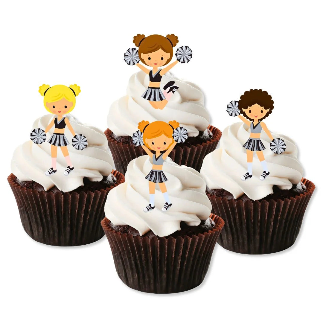 Cheer Theme Edible Cupcake Toppers on chocolate cupcakes with white frosting