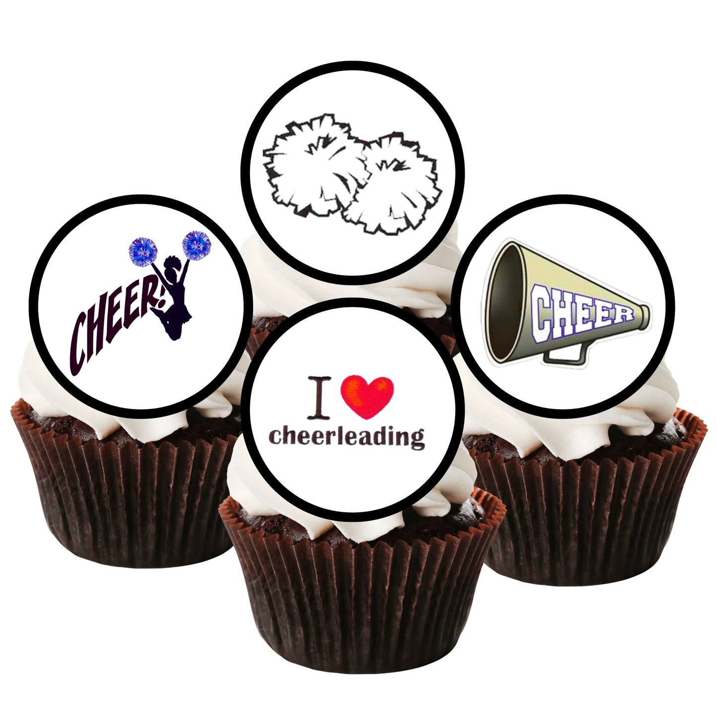 Cheerleading Edible Cupcake Toppers on white frosted cupcakes