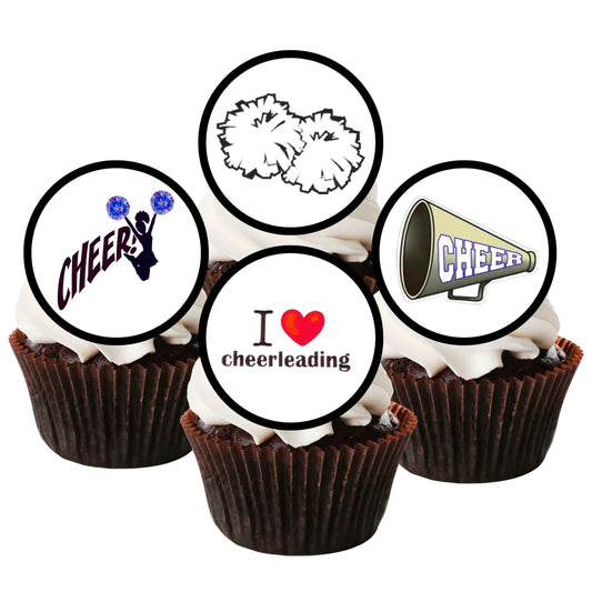 Cheerleading Edible Cupcake Toppers on white frosted cupcakes