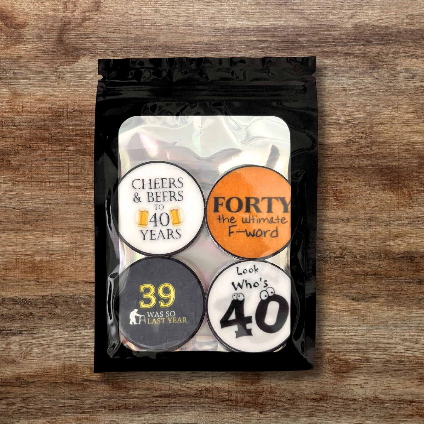 Cheers 40th Birthday Edible Cupcake Toppers in black packaging