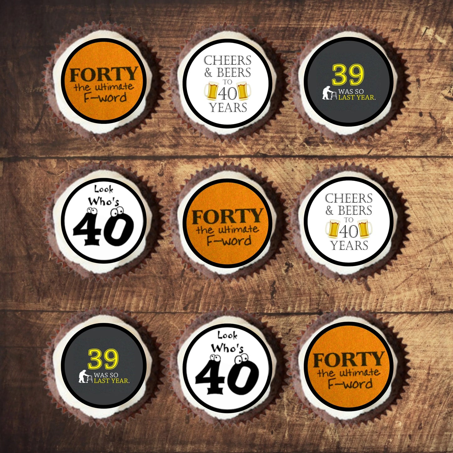 Cheers 40th Birthday Edible Cupcake Toppers in orange, clack and white
