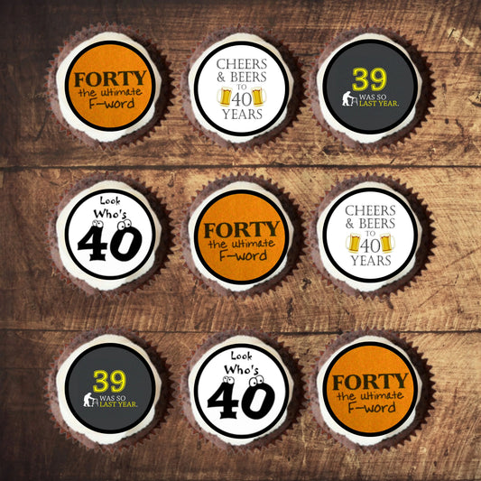 Cheers 40th Birthday Edible Cupcake Toppers in orange, clack and white