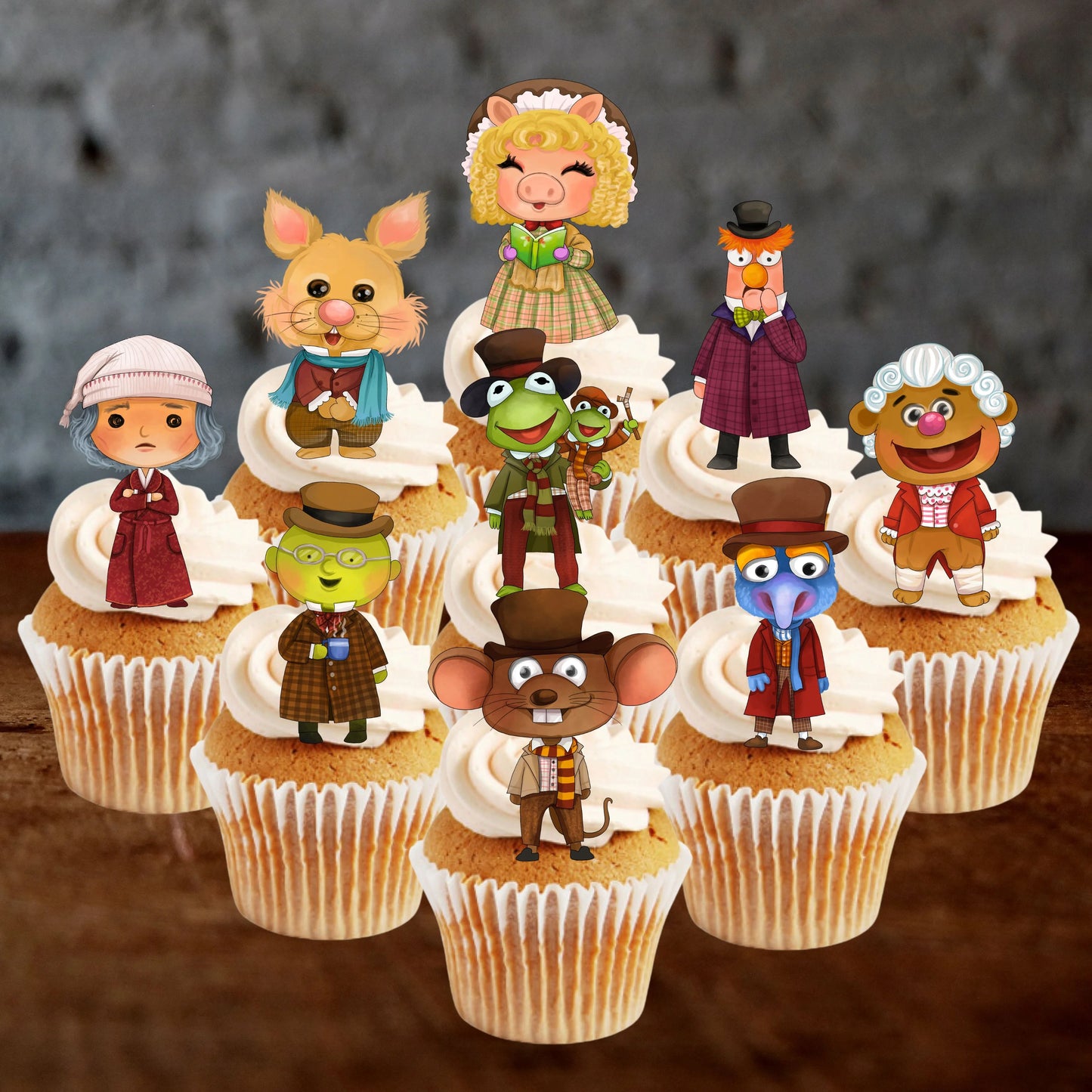 Christmas Carol Edible Cupcake Toppers on white frosted cupcakes toppers