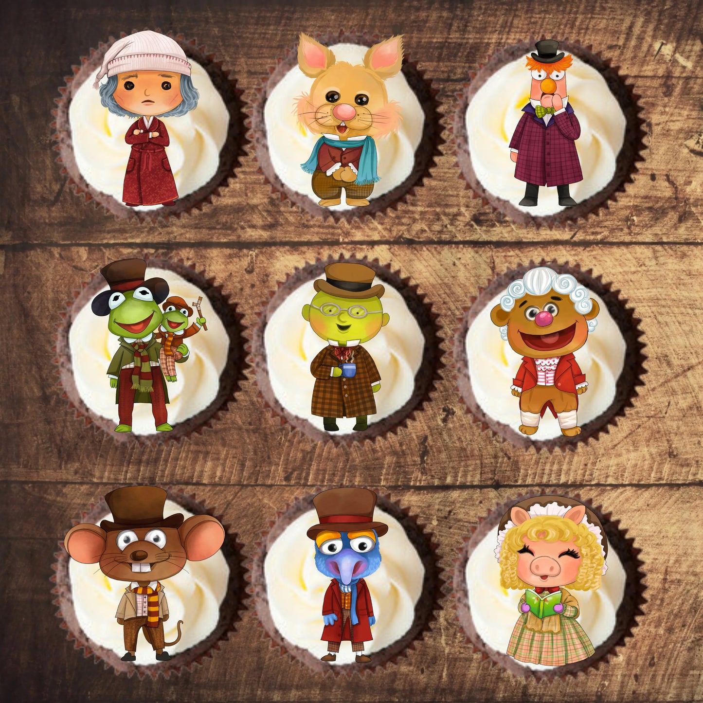 Christmas Carol Edible Cupcake Toppers on white frosted cupcakes toppers
