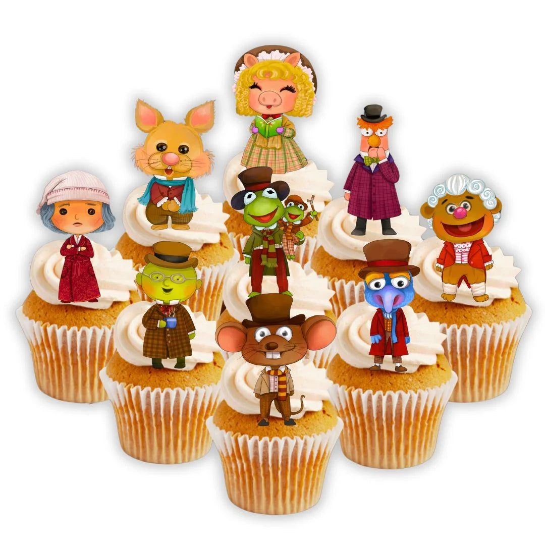 Christmas Carol Edible Cupcake Toppers on white frosted cupcakes toppers