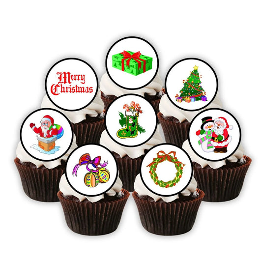 Christmas Mix Edible Cupcake Toppers on chocolate cupcakes with white frosting